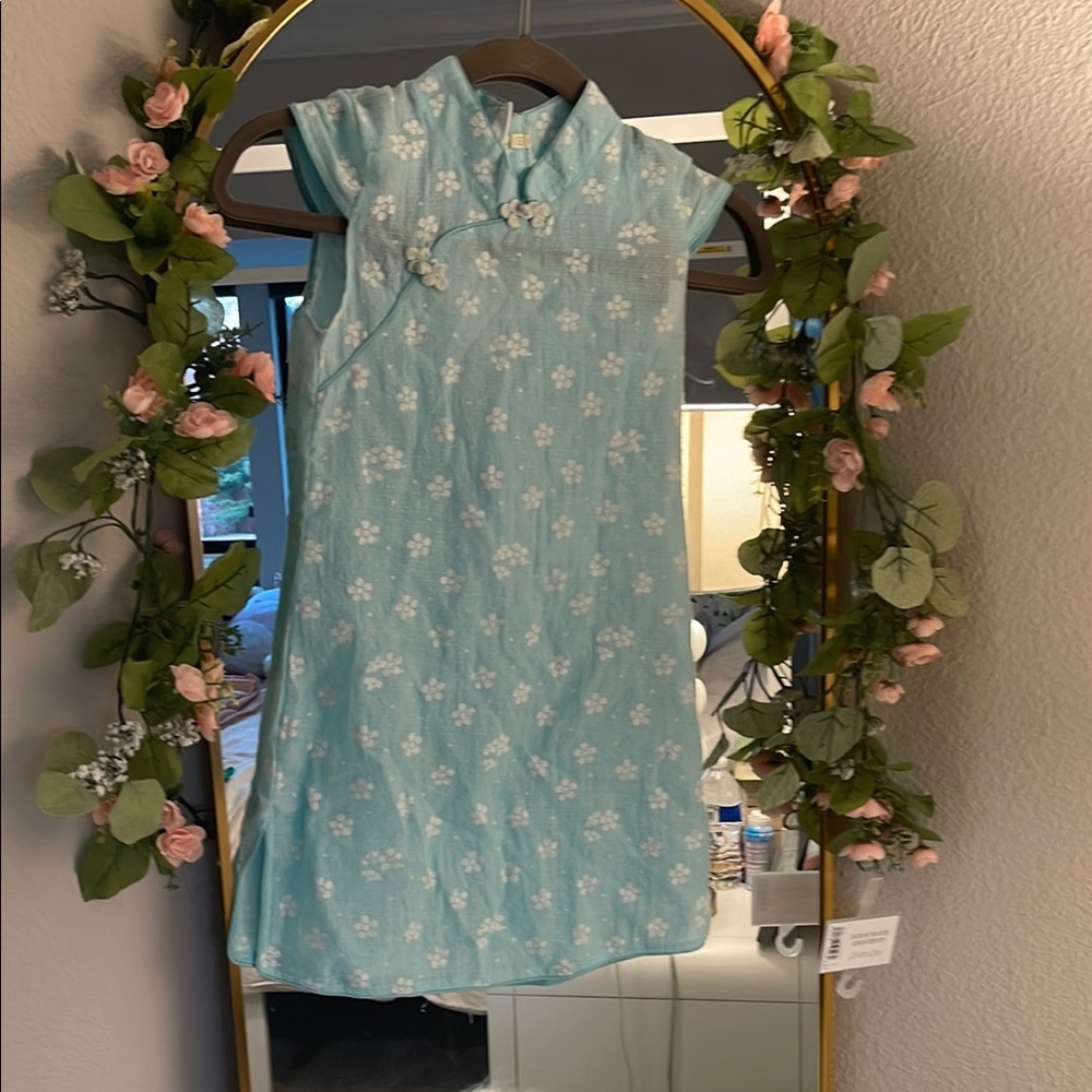 Floral Blue Kids Casual Dress Chinese style